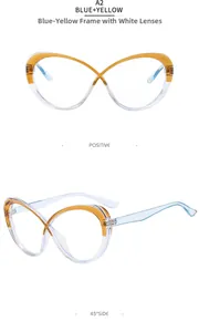 Detail of blue and yellow cat-eye glasses frame with distinct cross-hinge design