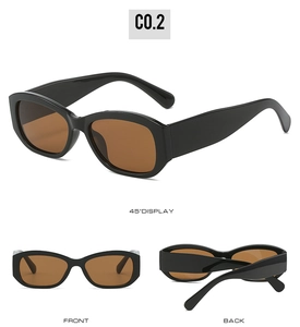 Three-way view of retro square sunglasses featuring a thick black frame and brown lenses