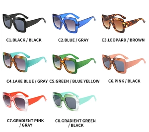 Multiple SKU matrix showing various color combinations of square frame sunglasses