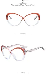Detail of cat-eye anti-blue light glasses showing transparent tea color拼接 frames
