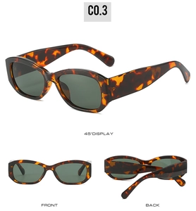 Three views of dark tortoiseshell rectangular sunglasses with green tinted lenses