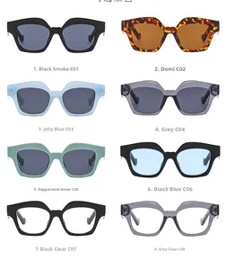 Detail view of square polygon sunglasses in eight colors with anti-blue light lens options