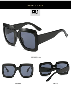 Detailed multi-angle views of square black sunglasses with translucent blue-grey lenses