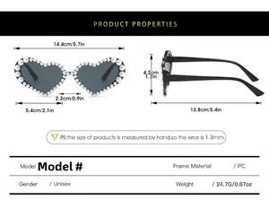 Tableau des tailles détaillé pour lunettes de soleil cœur à perles avec dimensions
