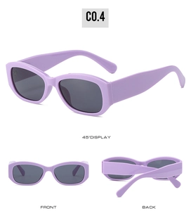 Detailed views of purple rectangle sunglasses with dark grey lenses in various angles