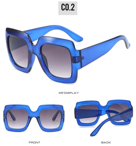Detailed multi-angle views of square frame sunglasses with blue translucent finish
