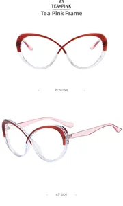 Detailed front and side view of cat eye butterfly frames in tea pink color combination