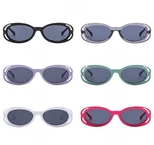 Collage showing six colorful retro oval sunglasses with hollow frame design for women