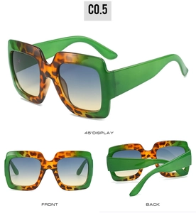 Three perspectives of square two-tone sunglasses in green and tortoise shell with blue lenses