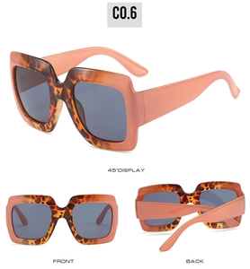 Three-way view of square tortoiseshell sunglasses with contrasting pink temples and grey lenses
