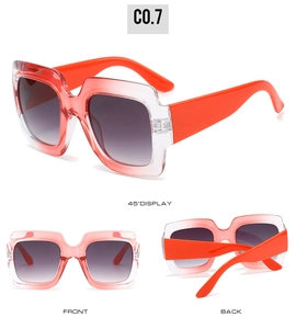 Three-angle display of square frame sunglasses with orange gradient and grey lenses