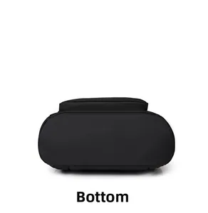Detailed bottom view of black nylon backpack showing reinforced stitching and wear-resistant fabric