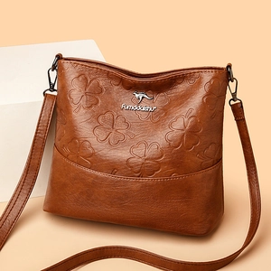 Sac Bandoulière Femme En Cuir PU Gaufré Grande Capacité Motif Trèfle À Quatre Feuilles Sac Seau Sac À Main Décontracté