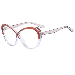 Cat eye glasses frame for women with transparent design and red-brown metal accents