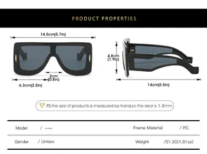 Detailed size chart showing dimensions for futuristic oversized unisex sunglasses