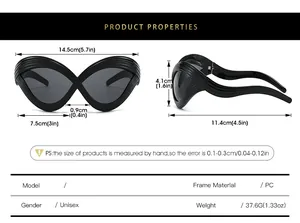 Detailed size chart for futuristic cat-eye sunglasses with precise frame dimensions