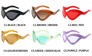 Collage of cat-eye sunglasses in six colors featuring artistic spiral textured frames