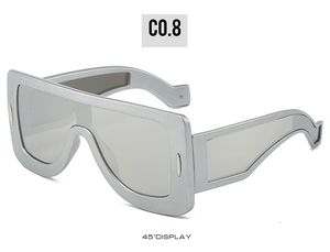 Detailed 45-degree view of silver matte oversized futuristic wrap sunglasses frames