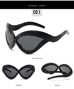 Detailed views of black textured cat-eye sunglasses with ribbed finish and infinity frame