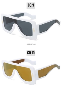 45-degree angle display of futuristic oversized square sunglasses with white frames