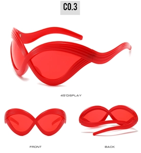 Detailed views of red futuristic wrap-around sunglasses from front, back, and 45-degree angles