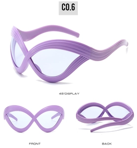 Three-angle view of futuristic light purple wavy cat eye sunglasses with tinted lenses