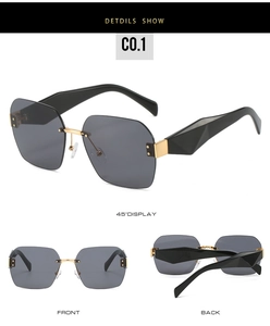Mehrfachansicht der rahmenlosen quadratischen Sonnenbrille mit dunkelgrauen Gläsern