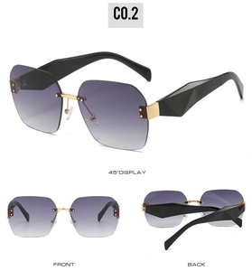 Detailansicht der randlosen quadratischen Sonnenbrille mit lila Verlaufsgläsern und Bügeln