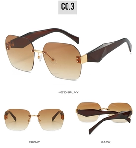 Drei Ansichten einer randlosen quadratischen Sonnenbrille mit braunen Gläsern und Golddetails