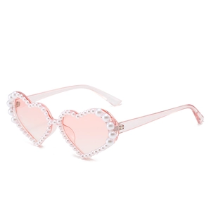 Lunettes de soleil cœur roses avec bordure en perles et verres transparents pour femmes