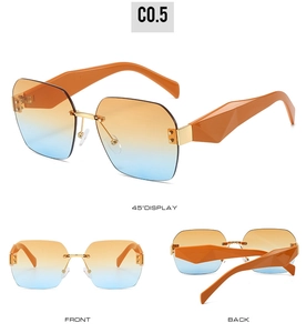 Detailansicht der randlosen quadratischen Sonnenbrille mit blau-orangefarbenem Farbverlauf