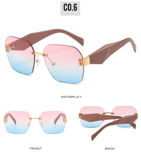 Drei Ansichten der rahmenlosen quadratischen Sonnenbrille mit rosa-blauem Farbverlauf und Bügeln
