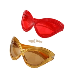 Futuristic cat-eye infinity wrap sunglasses in glossy red and gold for fashion party looks