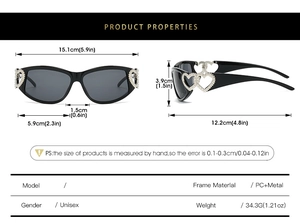 Detailed size chart of Y2K heart sunglasses with PC frame and metal hinges dimensions