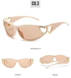 Three-view display of Y2K sunglasses featuring nude cat-eye frames and gold heart details