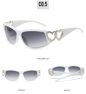 Three views showing white Y2K sunglasses with silver hollow heart temple details