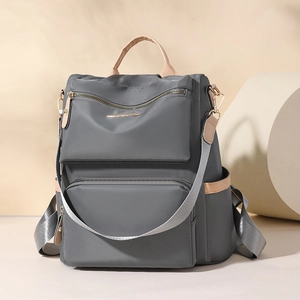 Deep grey large capacity waterproof nylon backpack with light brown contrast straps