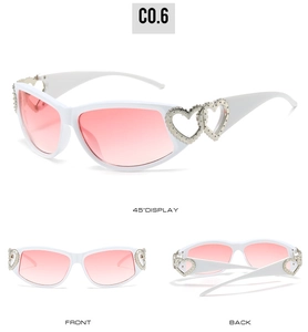 Three views of Y2K heart sunglasses with white PC frame and pink gradient lenses