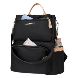 Black waterproof nylon backpack with multiple compartments and side umbrella pocket