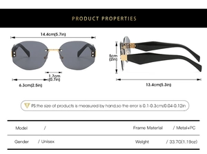 Detailed dimensions of rimless polygon sunglasses with metal and PC frame construction