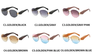 Close-up of rimless polygon sunglasses in various gradient colors and golden frames