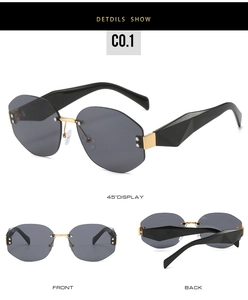 Three views of rimless geometric sunglasses showing frame details and 45-degree angle