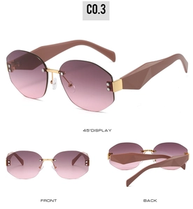 Detail views of rimless polygon sunglasses with pink gradient lenses and geometric arms