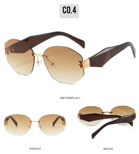Three-angle views of rimless sunglasses with brown gradient lenses and gold metal accents