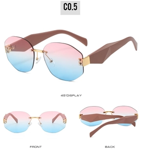 Detailed views of rimless polygon sunglasses with pink-blue gradient lenses and gold bridge