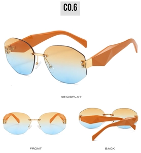 Frameless sunglasses with gradient lenses and faceted orange temples from multiple angles