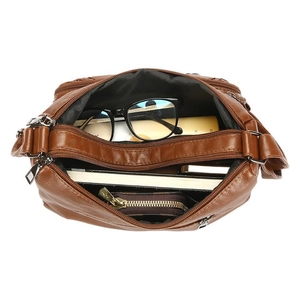 Brown faux leather shoulder bag with multi-zipper compartments and large capacity