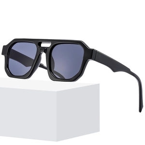 Modern square double-bridge sunglasses with black geometric frame and dark lenses