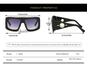 Size chart showing dimensions for fashion oversized sunglasses with PC frame details