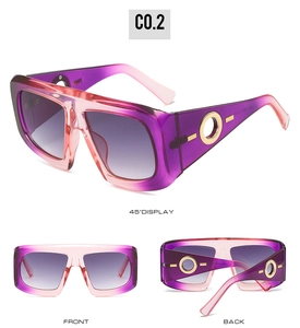Three-view display of gradient purple oversized square sunglasses with gold metal temples